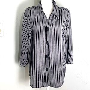 Gloria Lance Vintage Buttondown Blouse,Gray, Black & Metallic Stripe, Size 2X